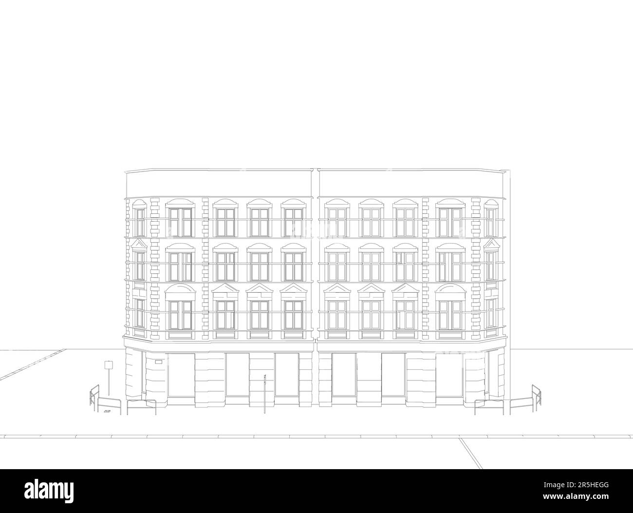Outline of a four-story building from black lines isolated on a white background. Front view. Vector illustration. Stock Vector