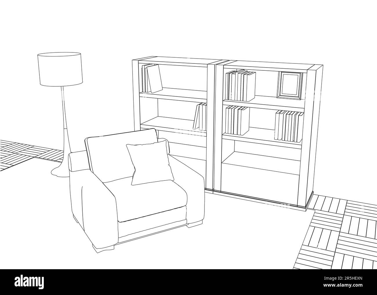 Contour of interior with armchair, shelves with books, black line lamp ...
