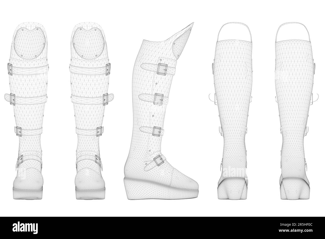 Set with a wireframe of high boots with clasps from black lines isolated on a white background. Front, side, back view. 3D. Vector illustration. Stock Vector