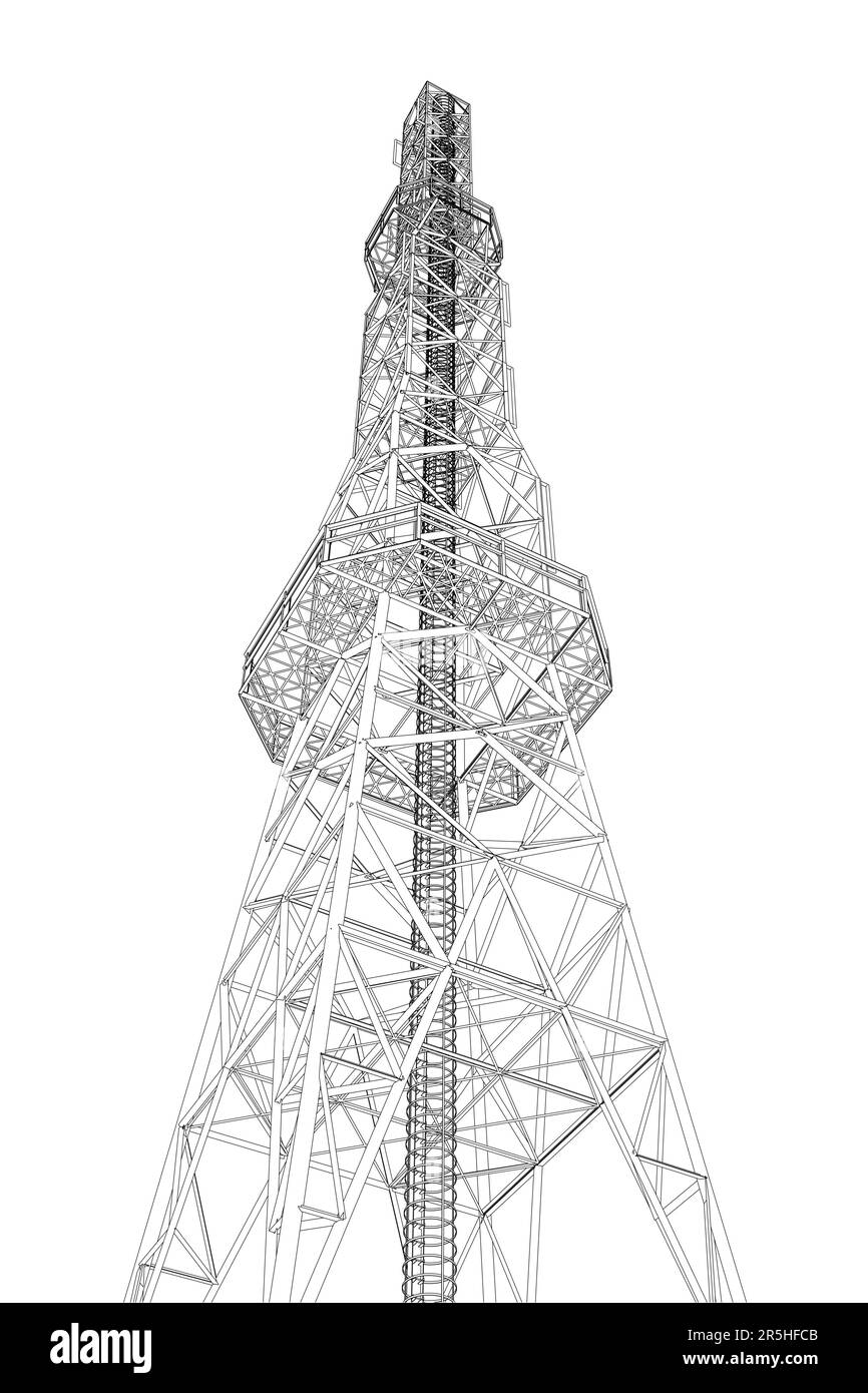 Outline of a high tower for communications from black lines isolated on a white background. Bottom view. 3D. Vector illustration. Stock Vector