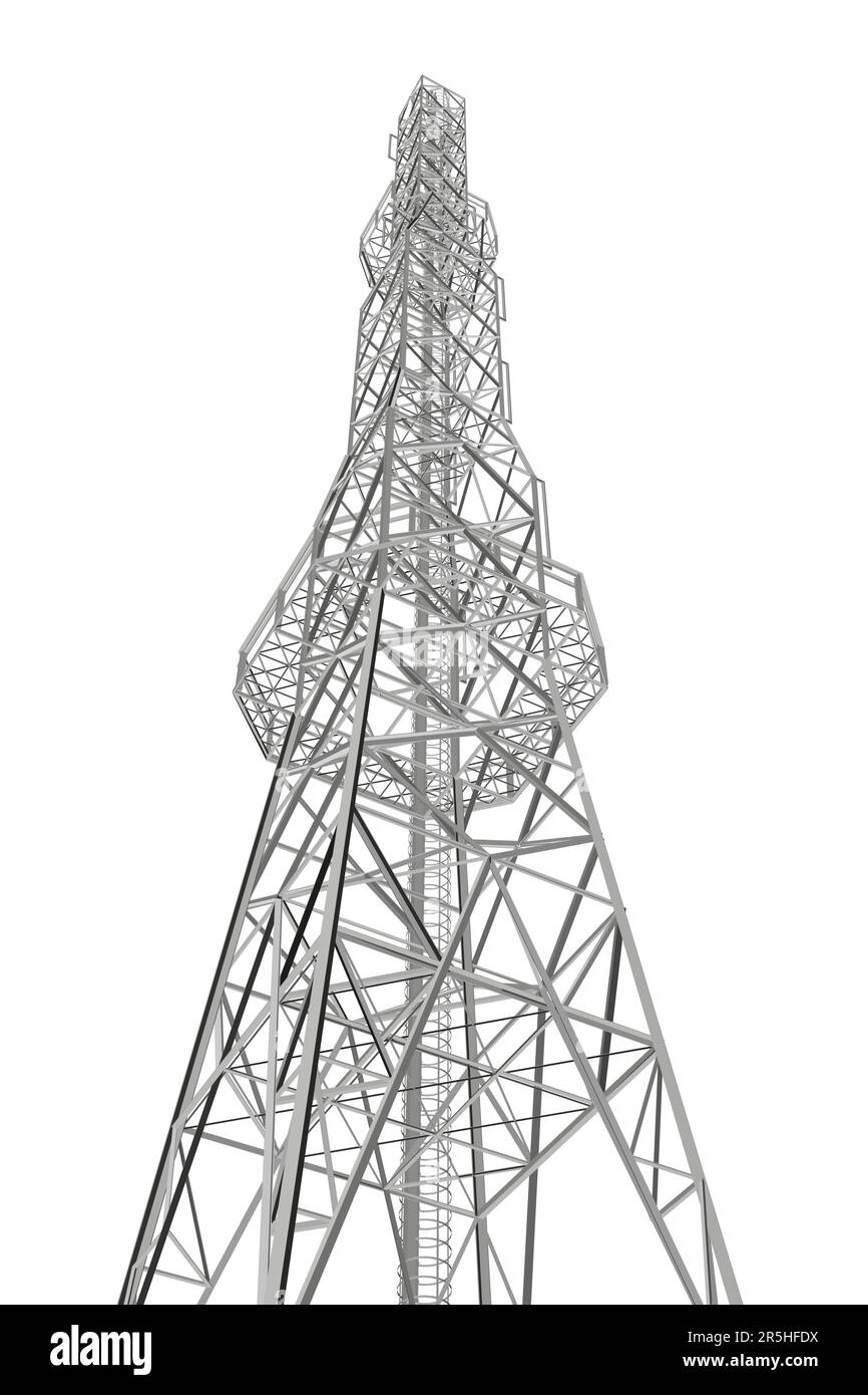 Polygonal model of a high communication tower isolated on a white background. Bottom view. 3D. Vector illustration. Stock Vector