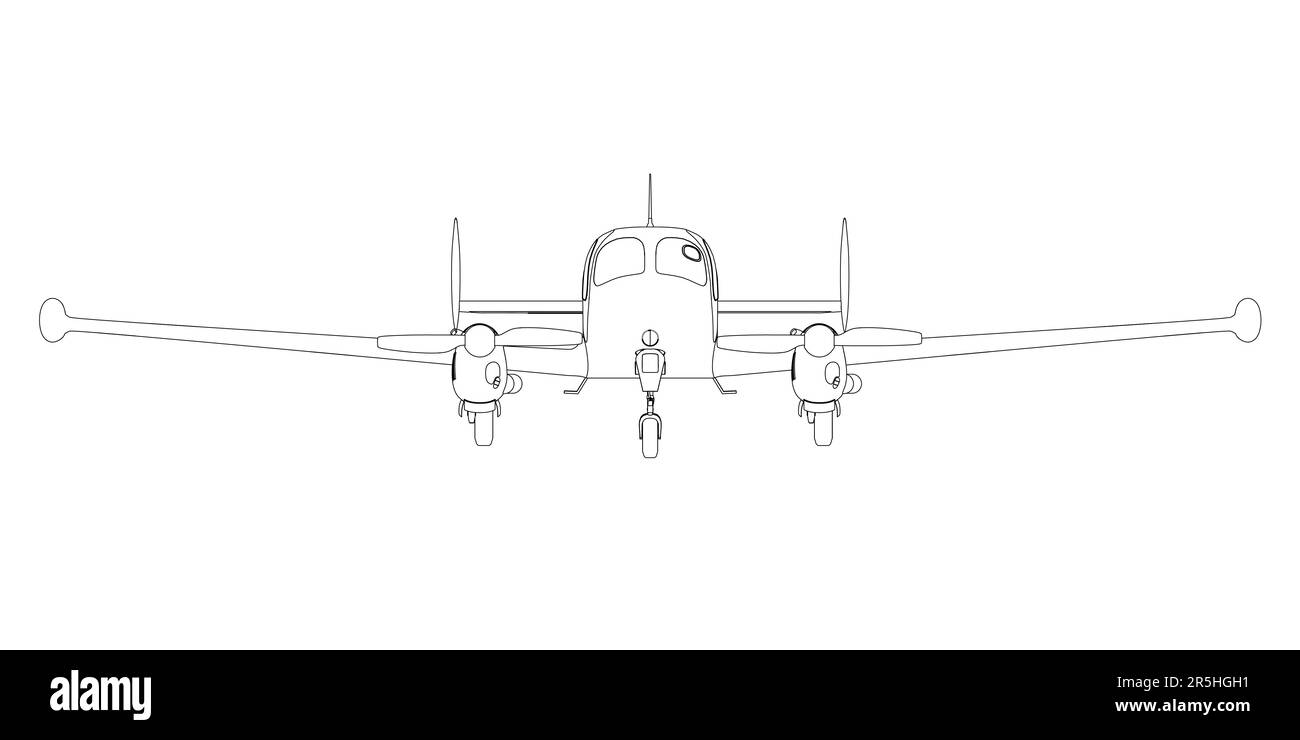 Outline of an airplane with propellers from black lines isolated on a white background. Front view. Vector illustration. Stock Vector
