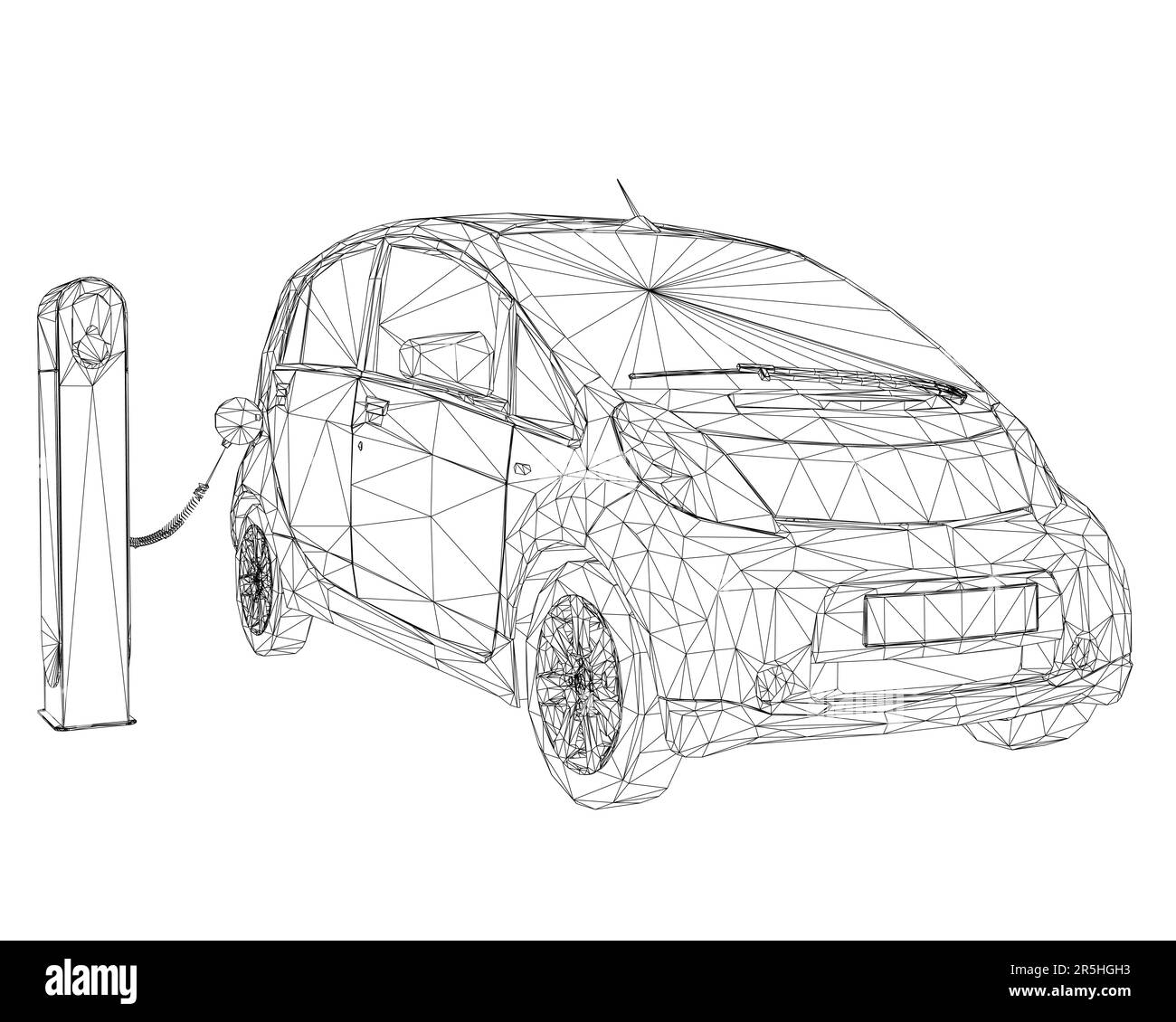 Wireframe of an electric car standing on a charge from black lines