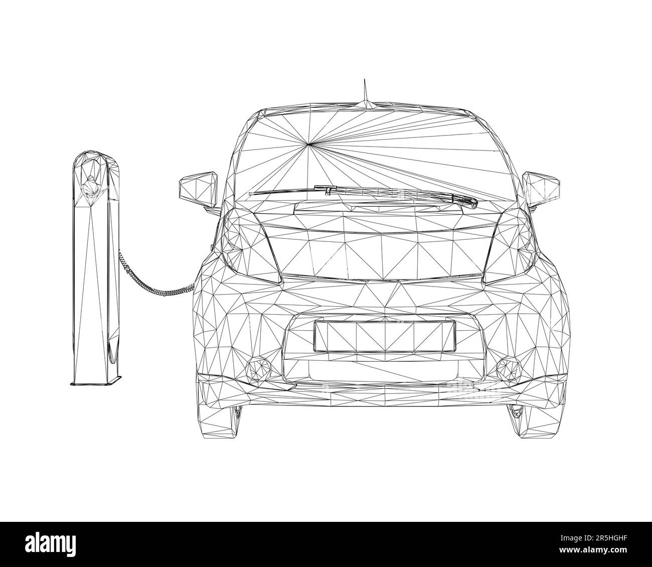 Wireframe of an electric car standing on a charge from black lines