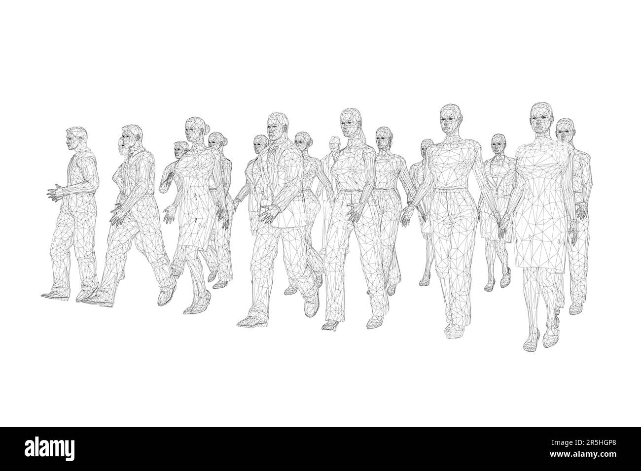 Wireframe of crowd of walking people from black lines isolated on white background. Front view. 3D. Vector illustration. Stock Vector