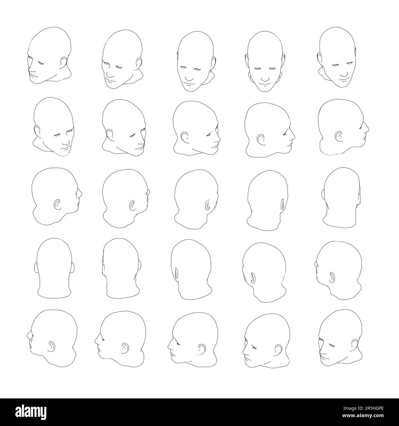 Set with contours of a man's head in different positions from black lines isolated on a white background. The head turns fifteen degrees. Isometric vi Stock Vector