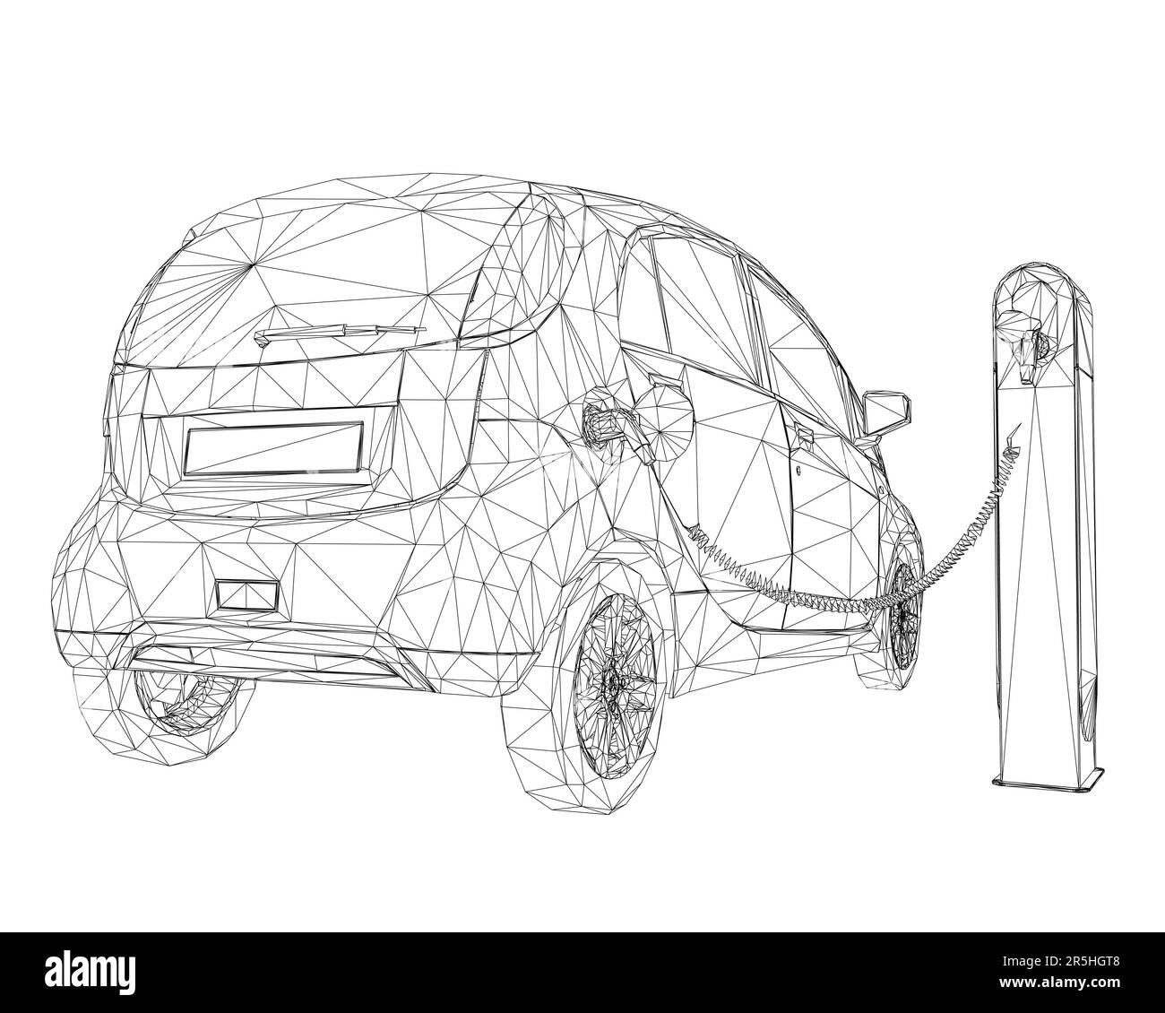Wireframe of an electric car standing on a charge from black lines