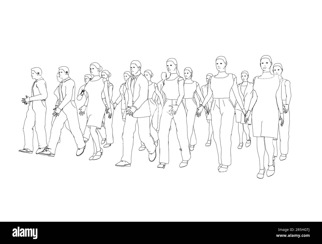 Outline of a crowd of walking people from black lines isolated on a white background. Vector illustration. Stock Vector