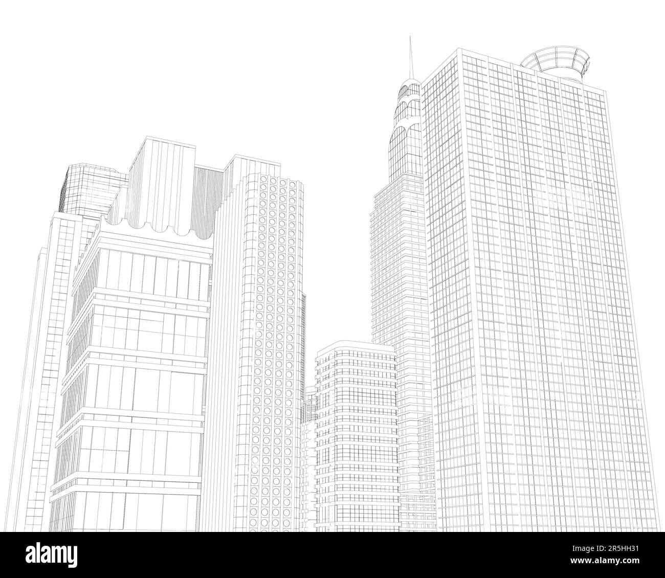 Outline of the city with skyscrapers from black lines isolated on a white background. View of the city with many multi-storey buildings. 3D. Vector il Stock Vector