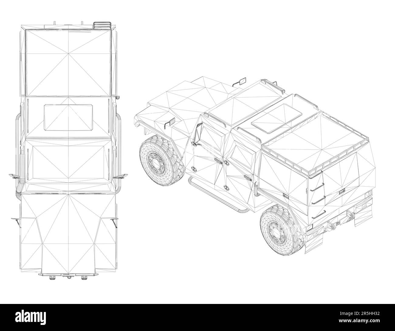 Black line combat jeep wireframe isolated on white background. Isometric view from above. 3D. Vector illustration. Stock Vector