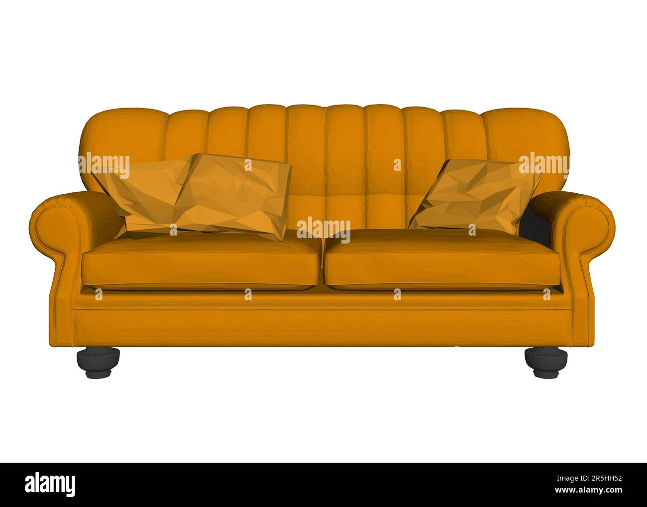 Low poly model of a yellow sofa with pillows isolated on a white