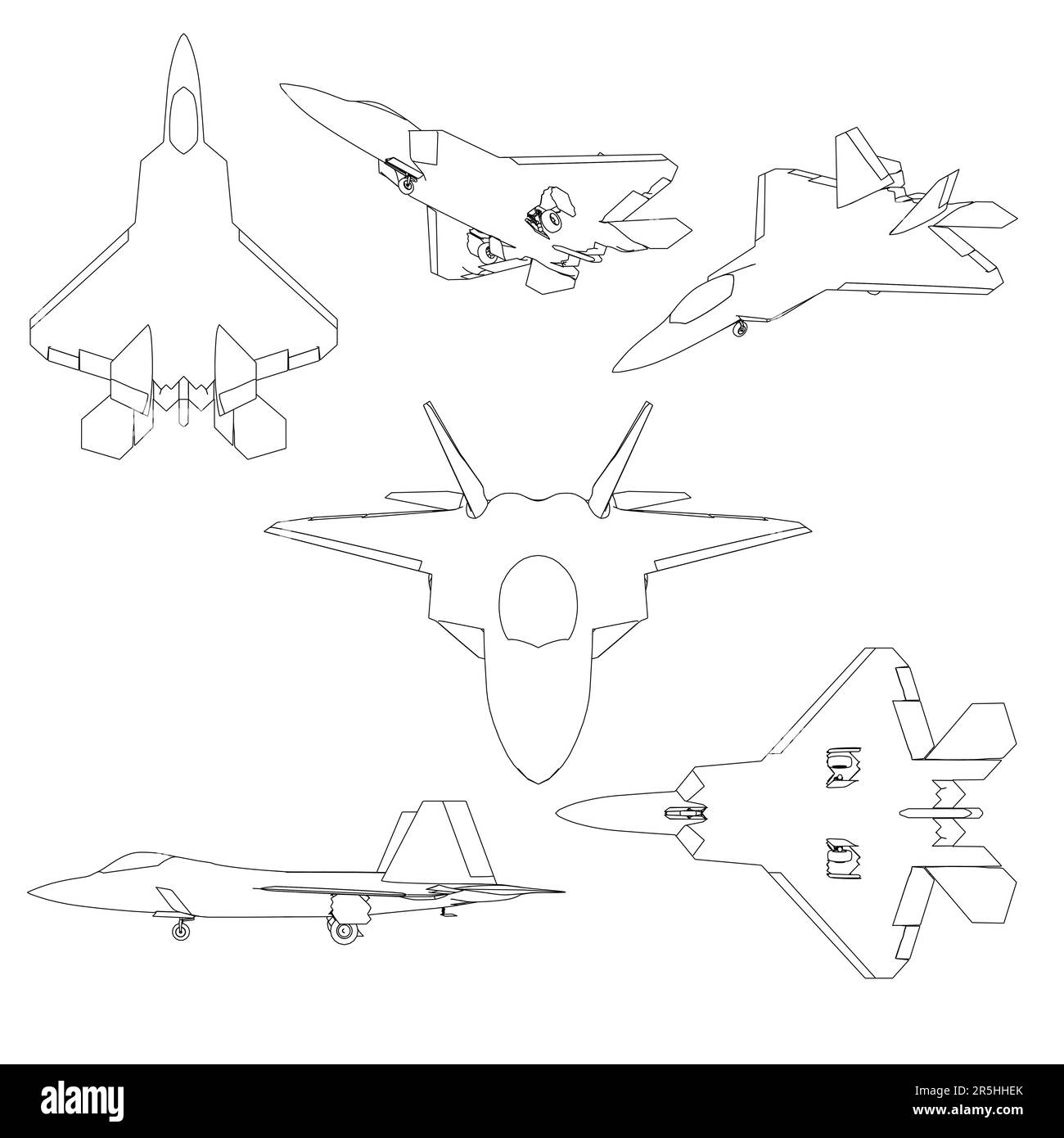 Set with contours of a combat fighter from black lines isolated on a white background. Front, bottom, isometric, side view. Vector illustration. Stock Vector