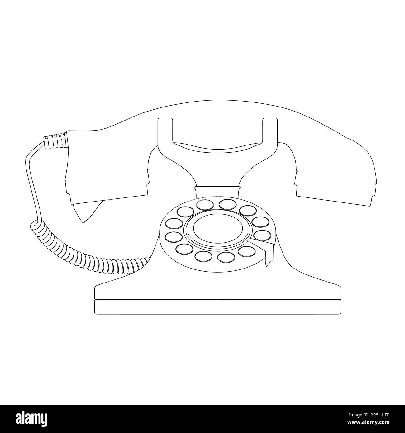 Outline of vintage home wire telephone of black lines isolated on white background. Front view. Vector illustration. Stock Vector