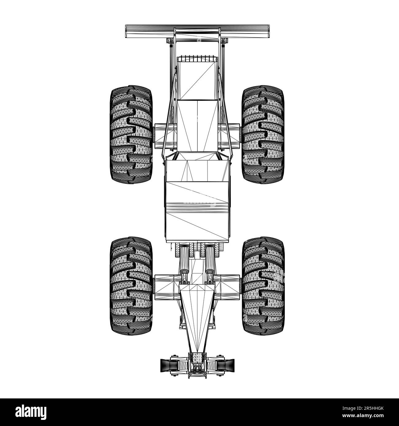 Wireframe of an industrial grader tractor with tongs for lifting cargo from black lines isolated on a white background. View from above. 3D. Vector il Stock Vector