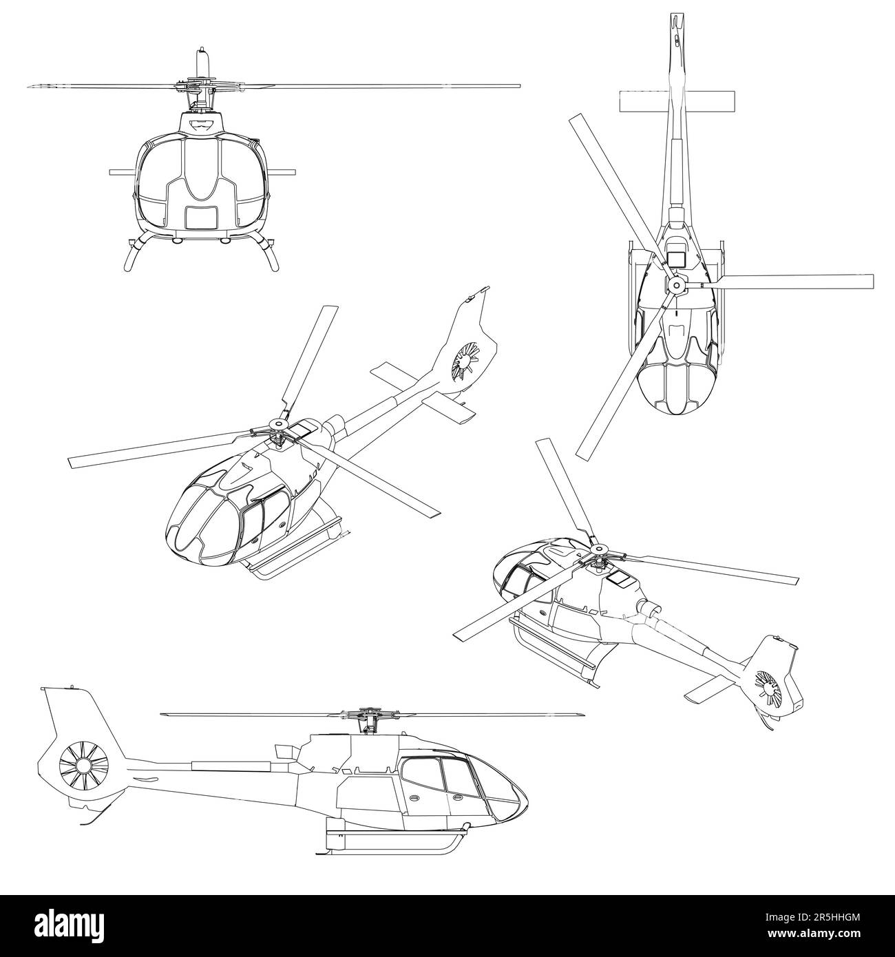 Set with contours of a detailed helicopter from black lines isolated on a white background. Isometric view, front, top, side. Vector illustration. Stock Vector