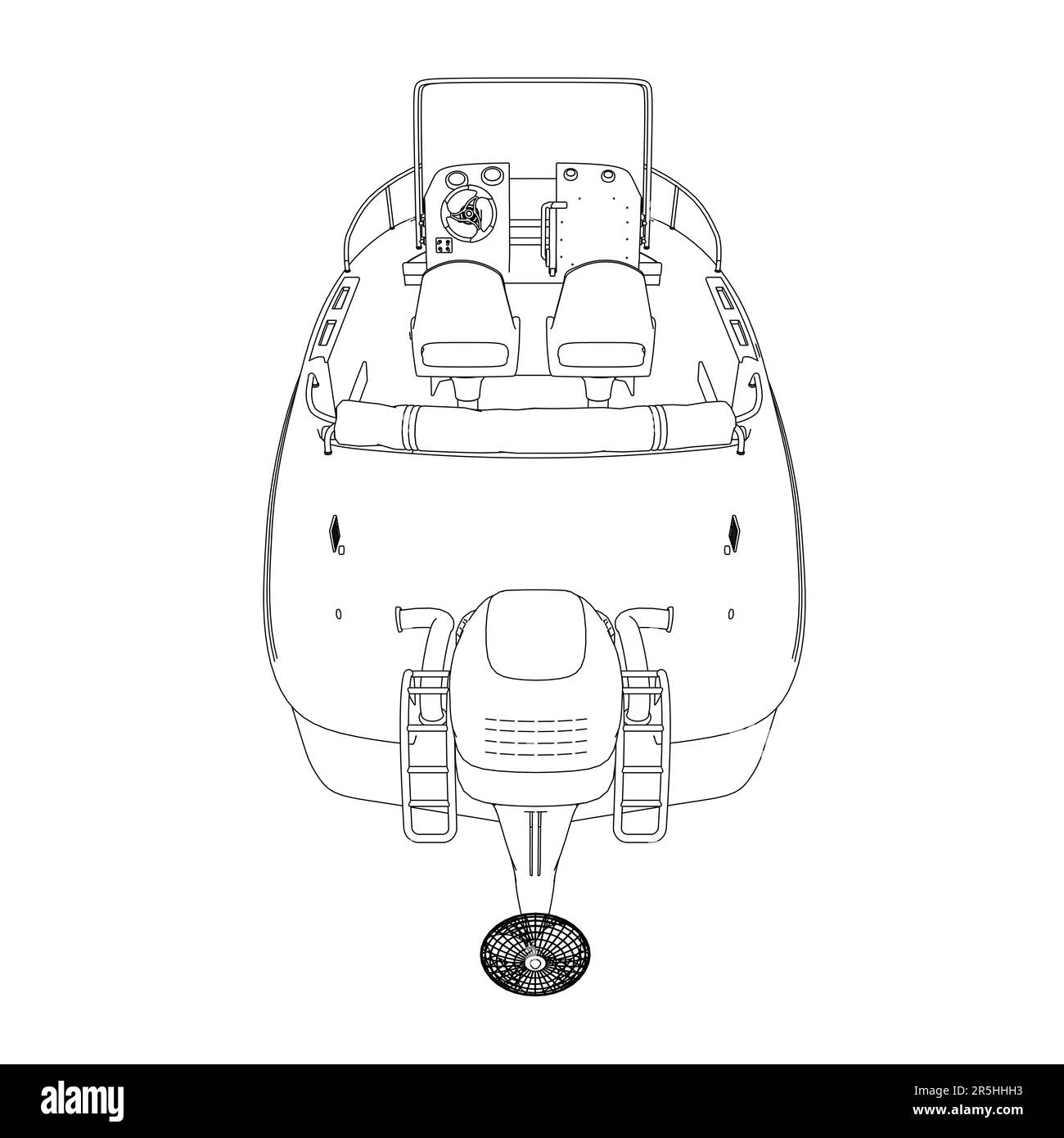 Outline of a motor boat from black lines isolated on a white background. Back view. Vector illustration. Stock Vector
