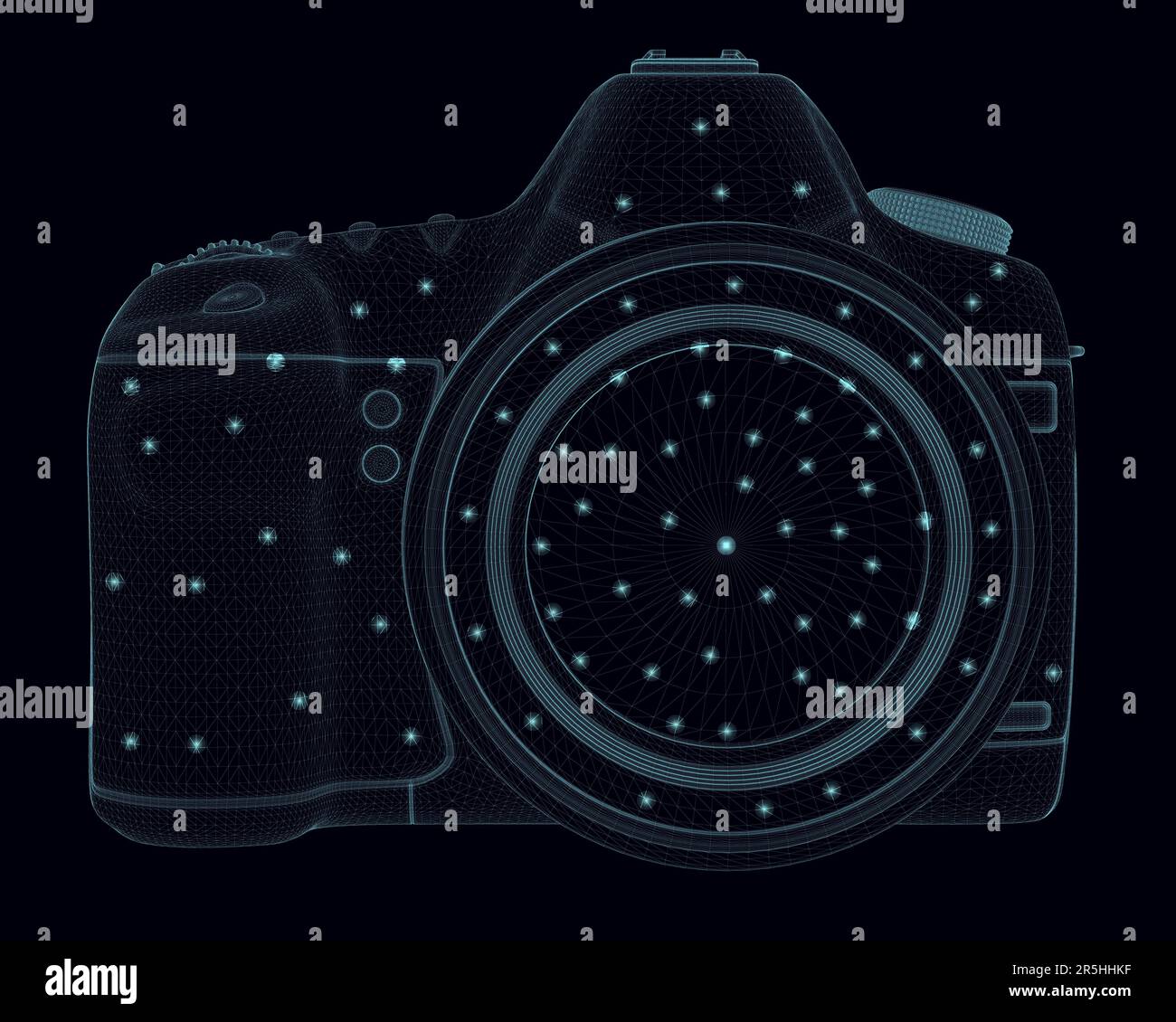 Wireframe of a professional camera made of blue lines with glowing lights isolated on a dark background. Front view. 3D. Vector illustration. Stock Vector