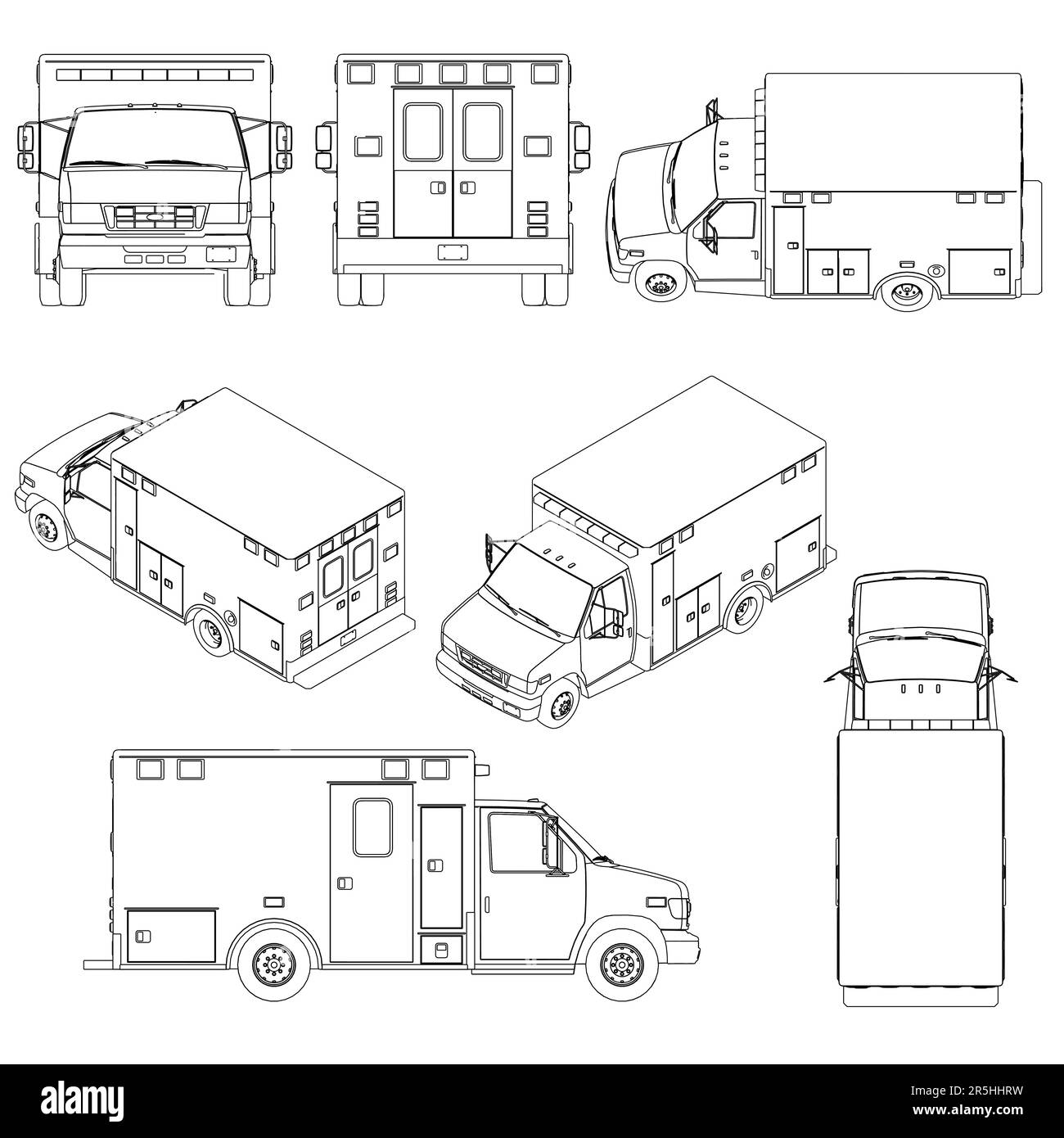 Set with contours of an ambulance from black lines isolated on a white background. Side view, isometric, front, back, top. 3D. Vector illustration. Stock Vector