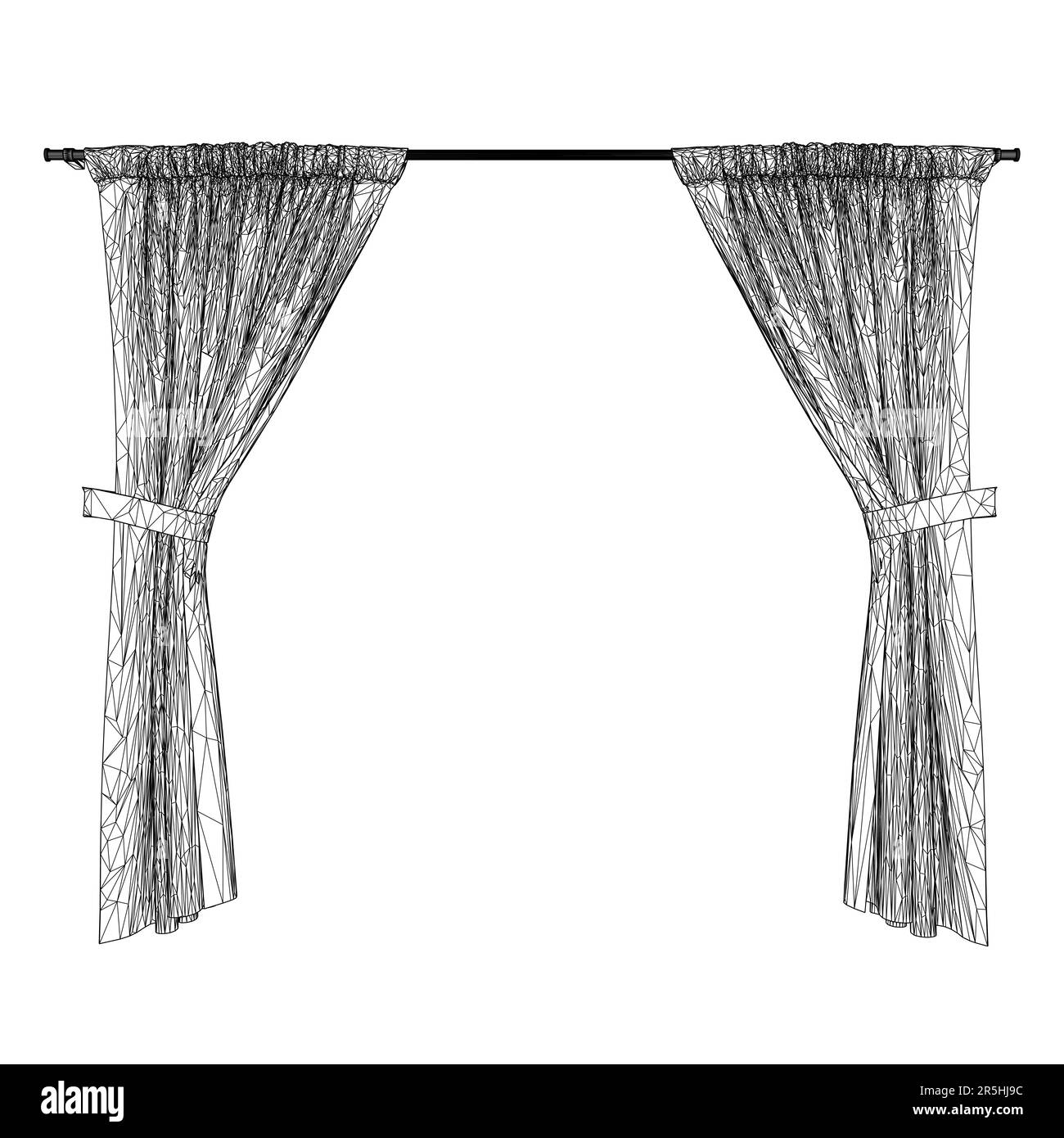 Wireframe of curtains hanging on a curtain made of black lines isolated