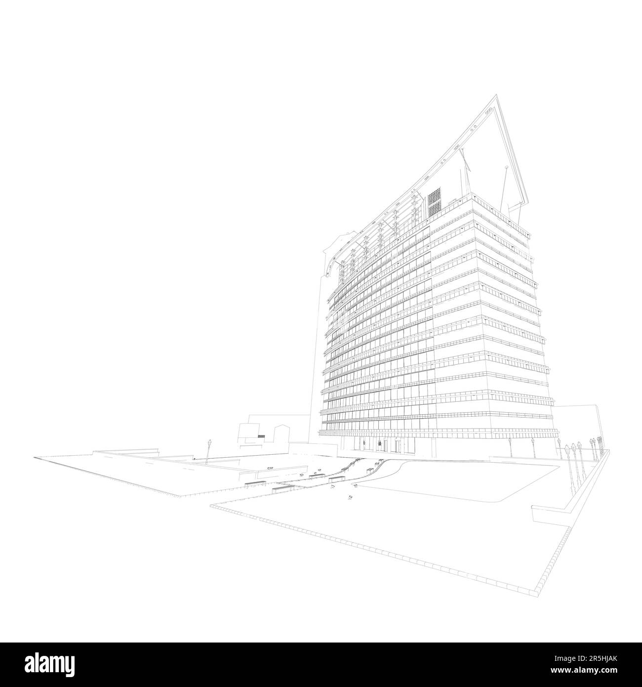 The contour of a modern multi-storey building from black lines isolated on a white background. Perspective view. 3D. Vector illustration. Stock Vector