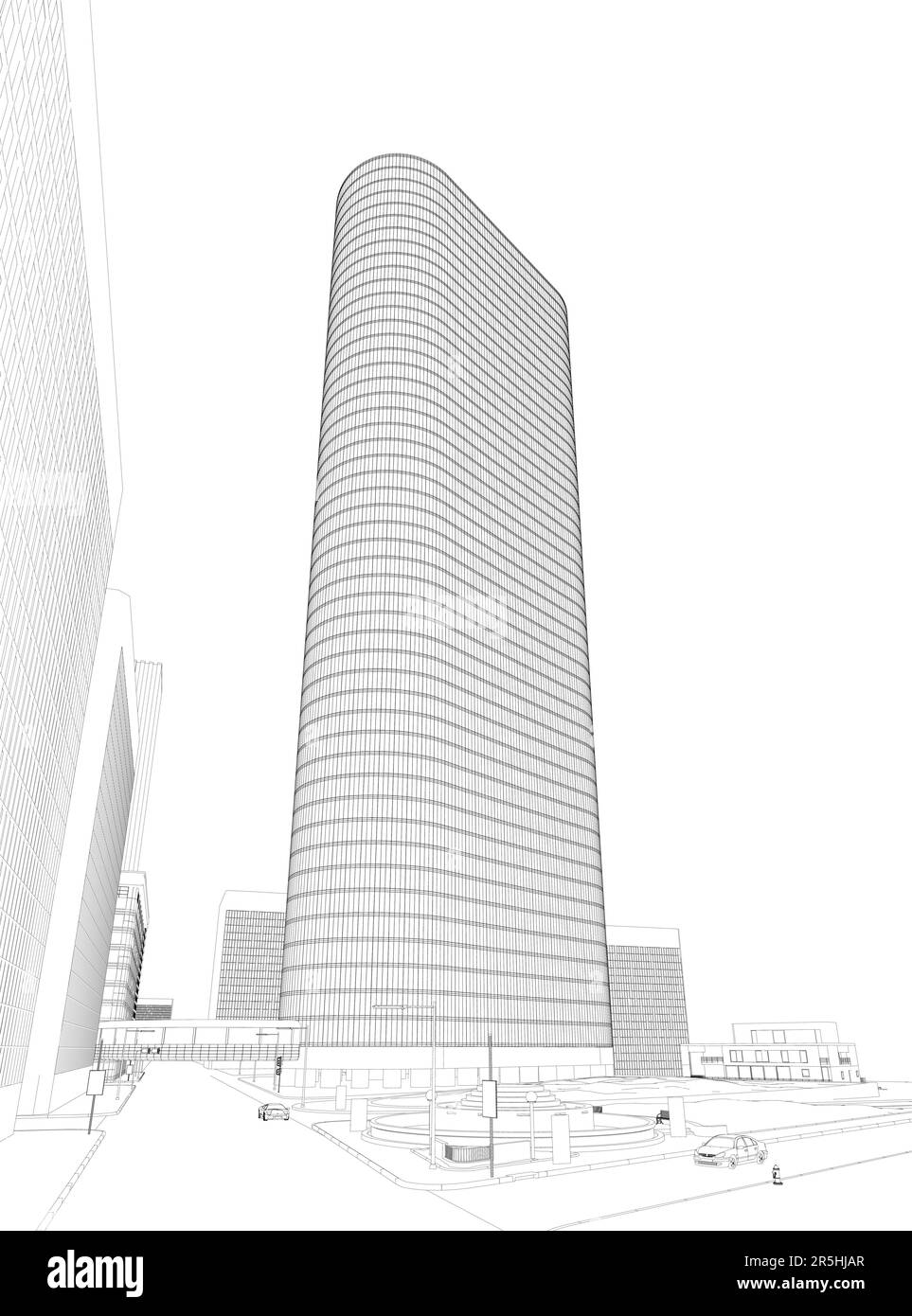 Outline of the city with skyscrapers, streets and cars from black lines ...