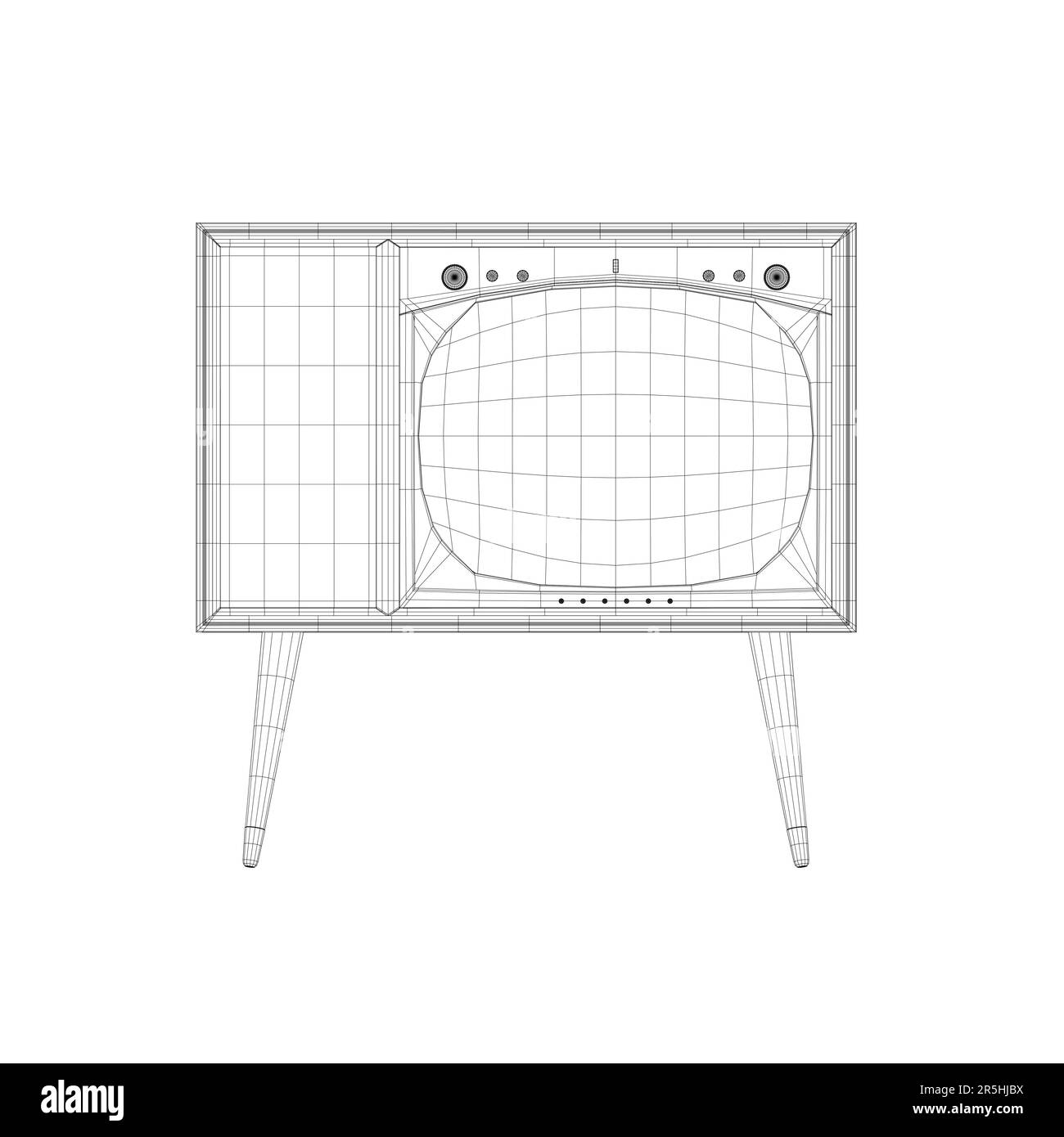 Wireframe of a vintage black and white TV on legs made of black lines isolated on a white background. Front view. 3D. Vector illustration. Stock Vector