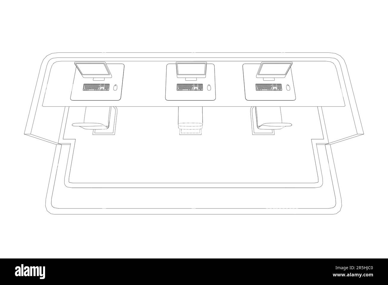 Outline of a reception desk with three computers and chairs from black lines isolated on a white background. View from above. Vector illustration. Stock Vector