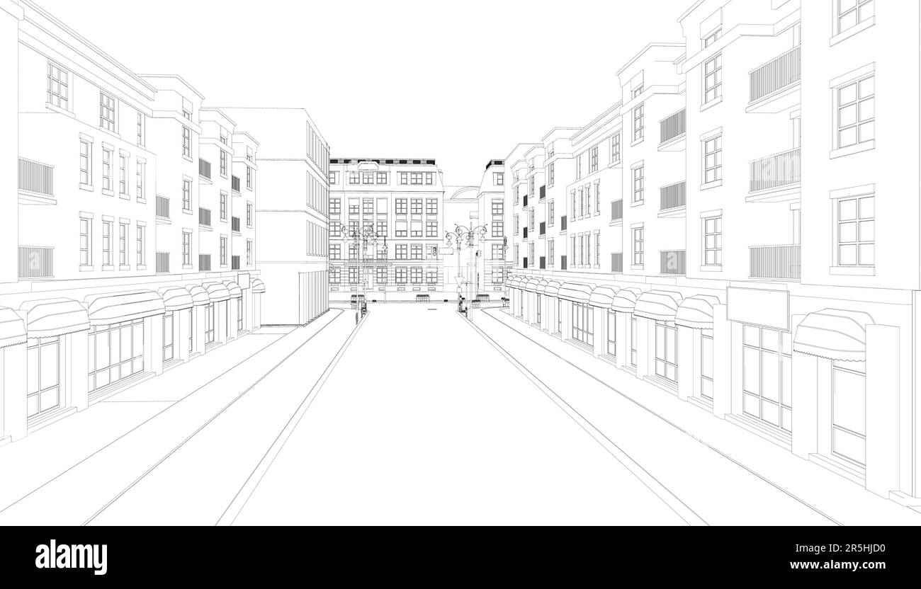 The contour of the street with houses and cars from black lines ...