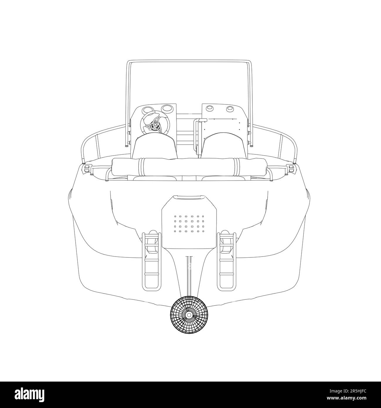 Outline of a water boat from black lines isolated on a white background. Back view. Vector illustration. Stock Vector