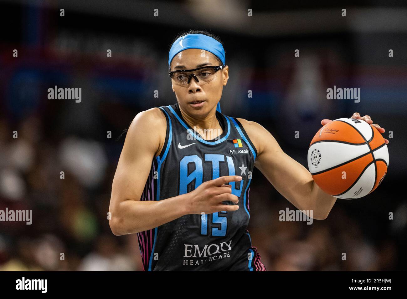 Atlanta Dream guard Allisha Gray (15) drives to the basket during a WNBA basketball game against the Las Vegas Aces, Friday, June 2, 2023, in College Park, Ga. (AP Photo/Danny Karnik Stock