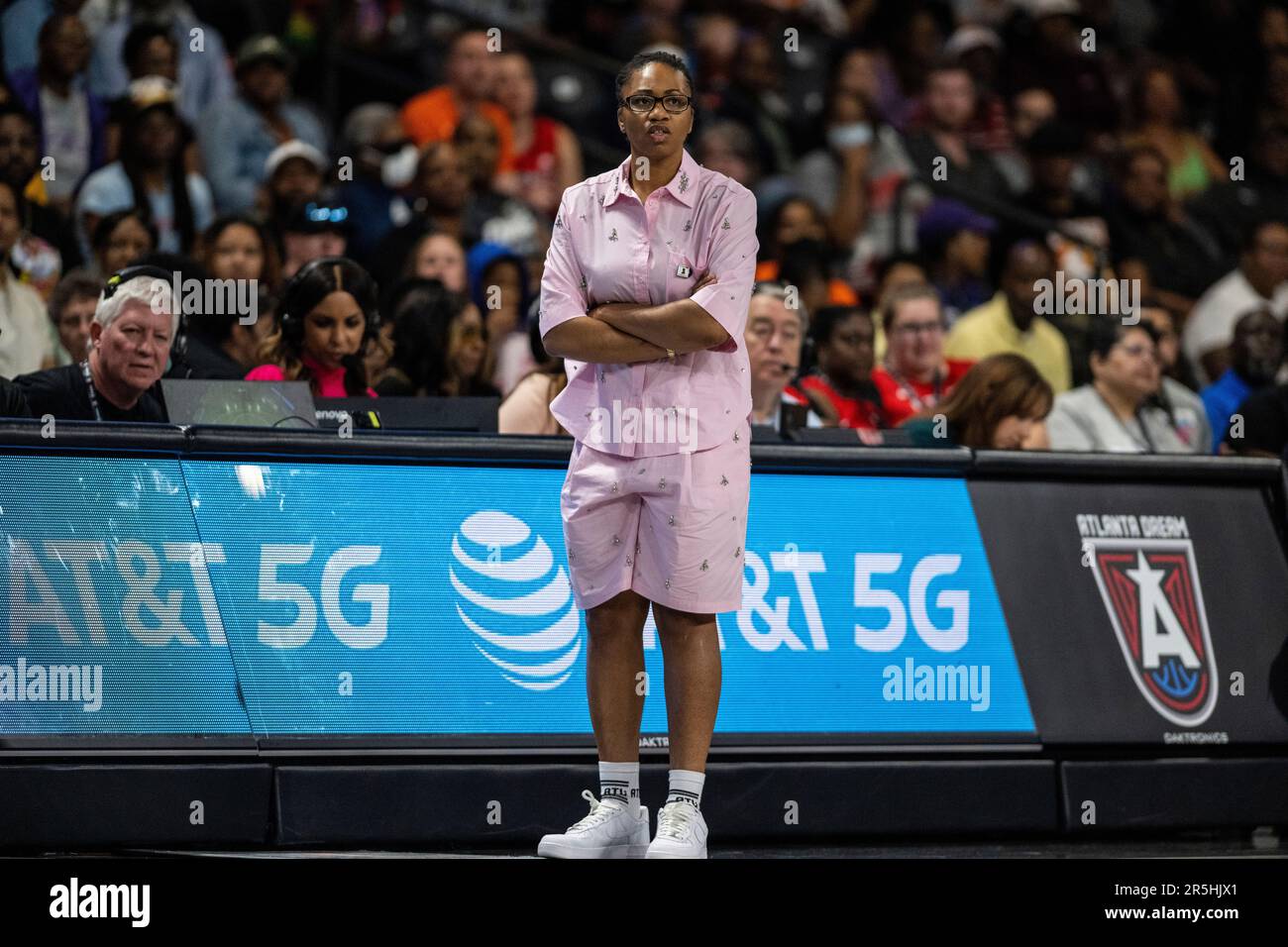 Atlanta Dream head coach Tanisha Wright works during a WNBA