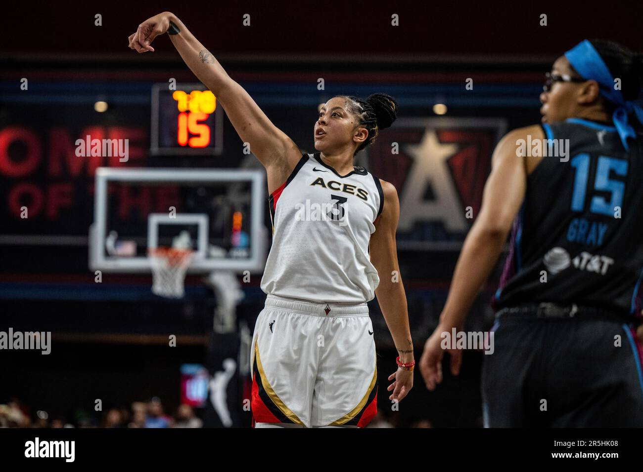 Las Vegas Aces center Candace Parker (3) watches her shot during a