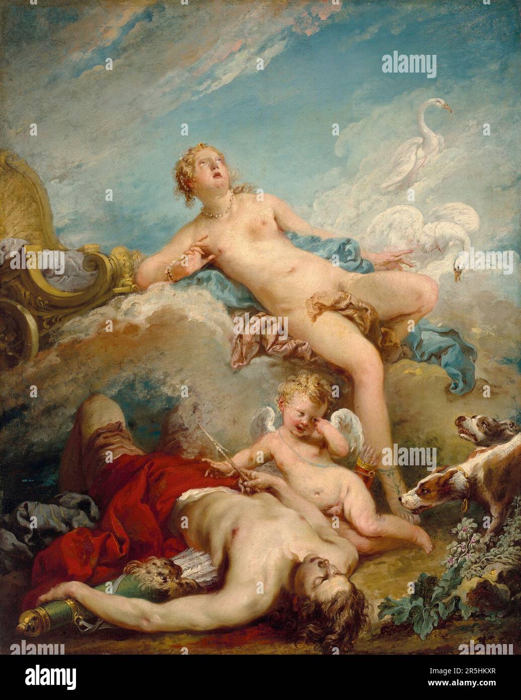 Venus discovering the dead Adonis painted by Francois Bouchard . Though little known today, François Boucher was one of the most celebrated painters of the 18th Century in France. He painted classical themes in the baroque and Rococo styles. His patron was Madame de Pompadour and his work was so popular that he eventually became Premier Peintre du Roi (First painter to the King), a prestigious court position in the Ancien Regime. Stock Photo