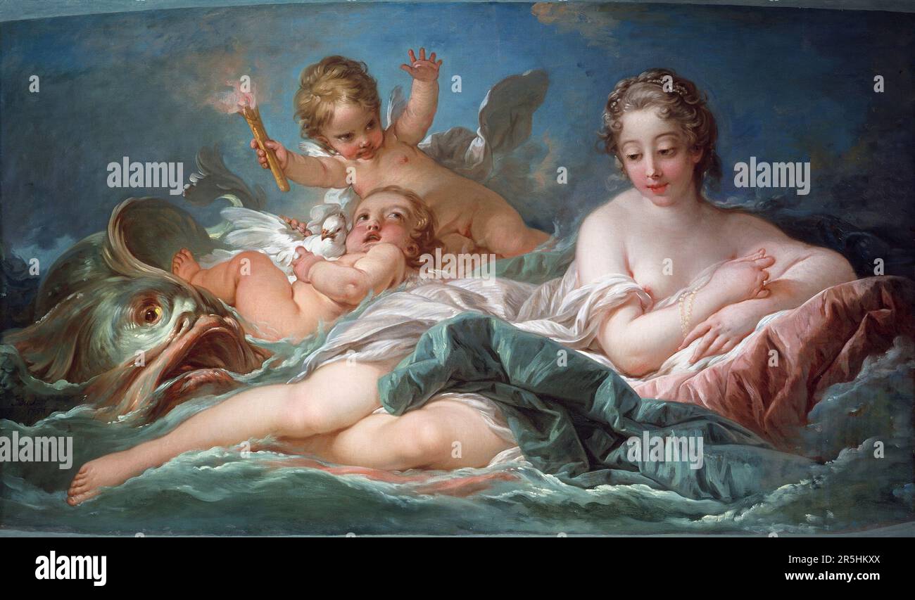 Venus painted by Francois Bouchard in 1760.  Though little known today, François Boucher was one of the most celebrated painters of the 18th Century in France. He painted classical themes in the baroque and Rococo styles. His patron was Madame de Pompadour and his work was so popular that he eventually became Premier Peintre du Roi (First painter to the King), a prestigious court position in the Ancien Regime. Stock Photo