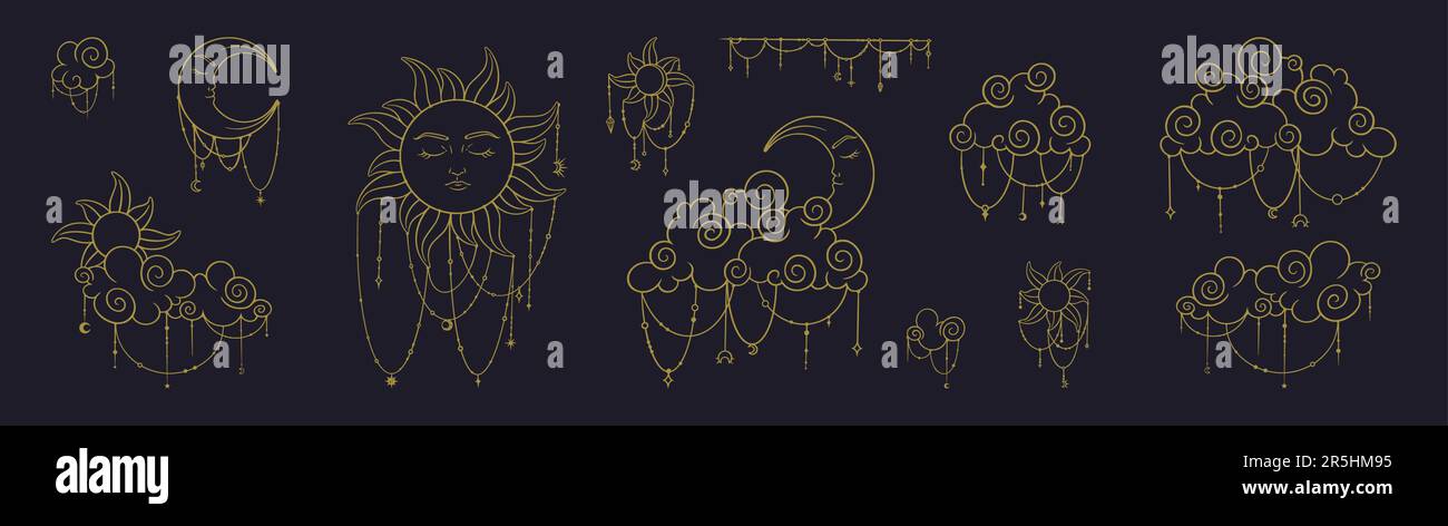 Tarot sun and moon esoteric set. Spiritual tarot golden elements with celestial and antique symbols. Vector illustration isolated in white background Stock Vector