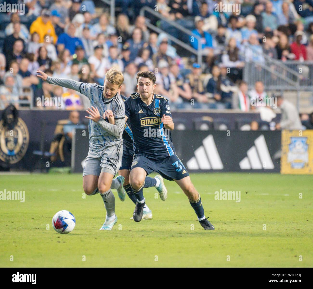 Chester, Pennsylvania, USA. 3rd June, 2023. June 3, 2023, Chester PA-Philadelphia Union's LEON FLACH (31) in action against CF Montreal's BRYCE DUKE, (10) during the match at Subaru Park in Chester PA (Credit Image: © Ricky Fitchett/ZUMA Press Wire) EDITORIAL USAGE ONLY! Not for Commercial USAGE! Credit: ZUMA Press, Inc./Alamy Live News Stock Photo