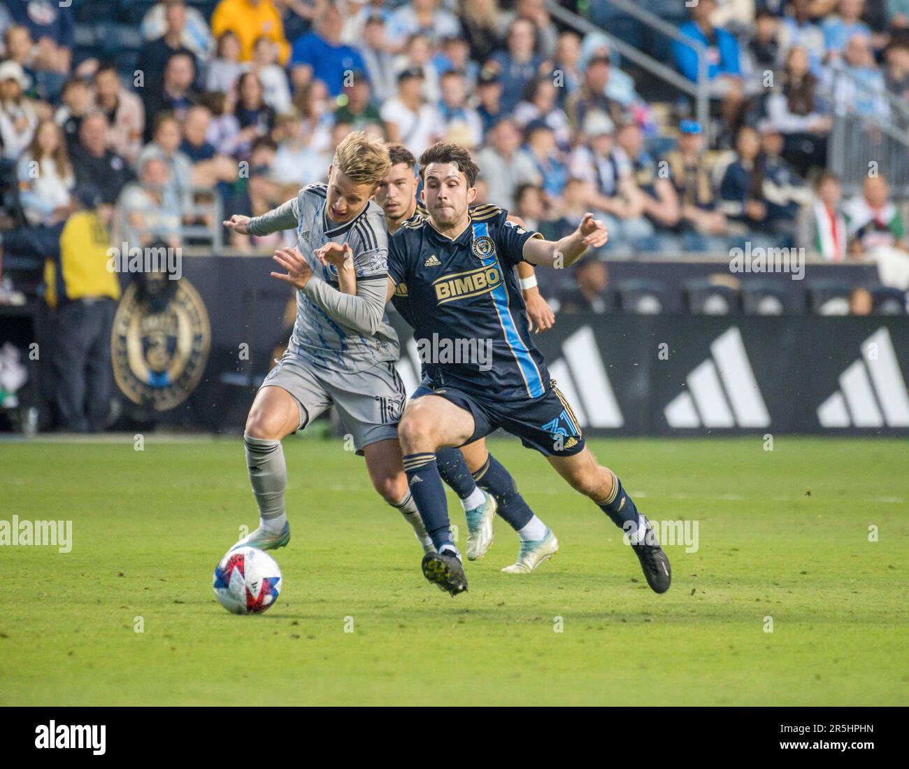 Chester, Pennsylvania, USA. 3rd June, 2023. June 3, 2023, Chester PA-Philadelphia Union's LEON FLACH (31) in action against CF Montreal's BRYCE DUKE, (10) during the match at Subaru Park in Chester PA (Credit Image: © Ricky Fitchett/ZUMA Press Wire) EDITORIAL USAGE ONLY! Not for Commercial USAGE! Credit: ZUMA Press, Inc./Alamy Live News Stock Photo