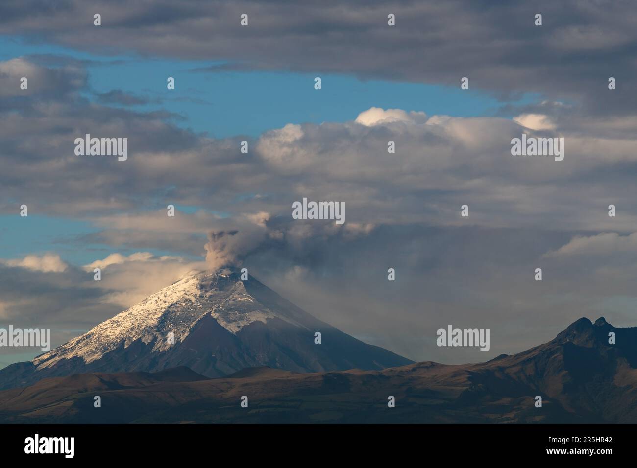 Cotopaxi Volcano eruption explosion with ash cloud and smoke, Cotopaxi national park, Ecuador