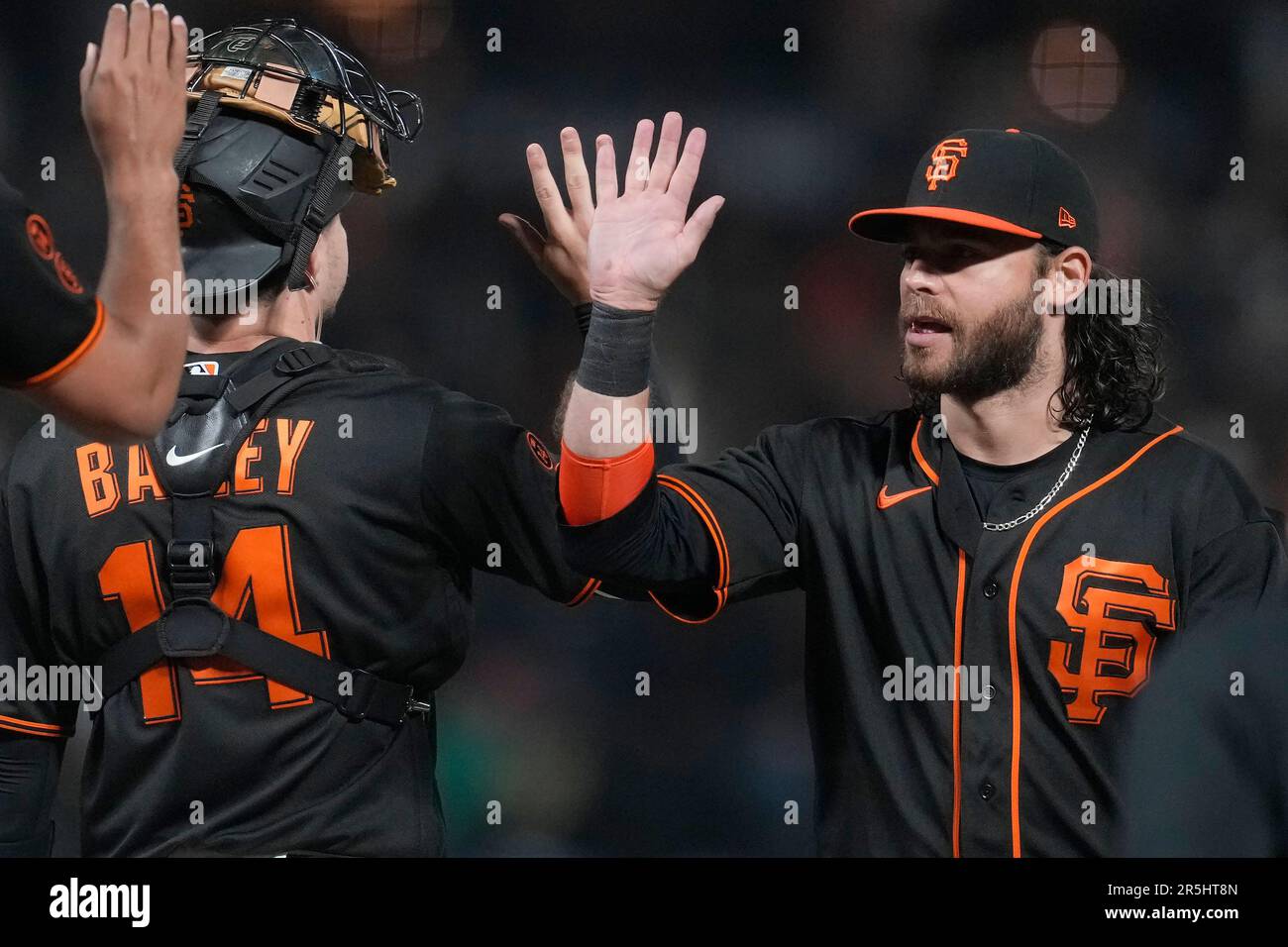 San Francisco Giants catcher Patrick Bailey, left, celebrates with