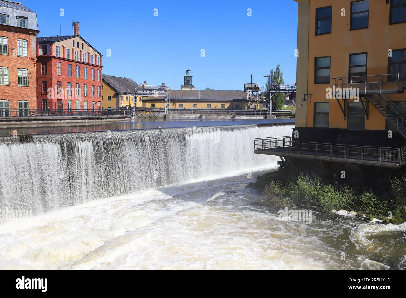 View of the industrial landscape in thje Swedish city of Norrkoping. Stock Photo