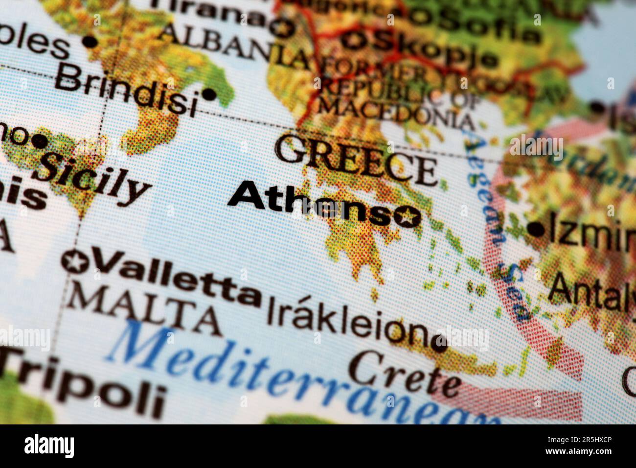 Closeup of Athens and Greece on a world globe.  Deliberate Shallow depth of field Stock Photo