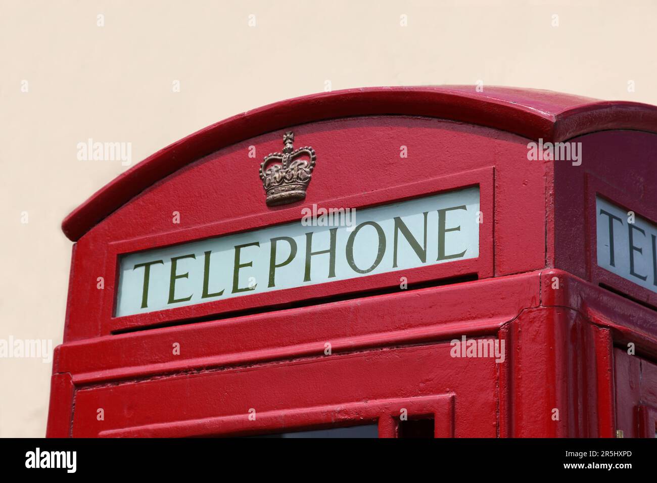 Closeup detail of iconic British Telephone Box located in Gibraltar - A British Oversea Territory that displays its British Culture in many ways. Stock Photo