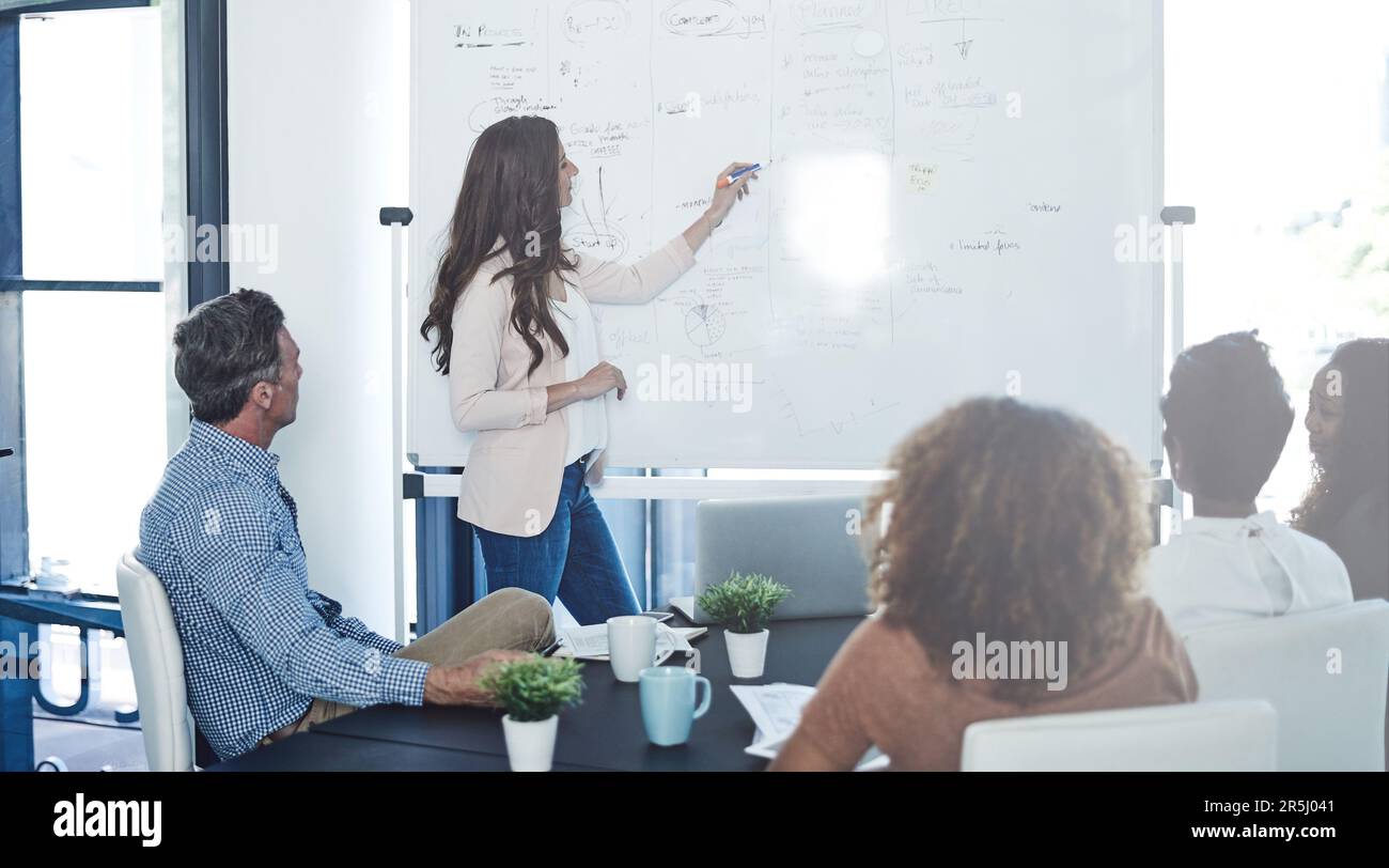 Establishing staff roles. a businesswoman delivering a presentation to ...
