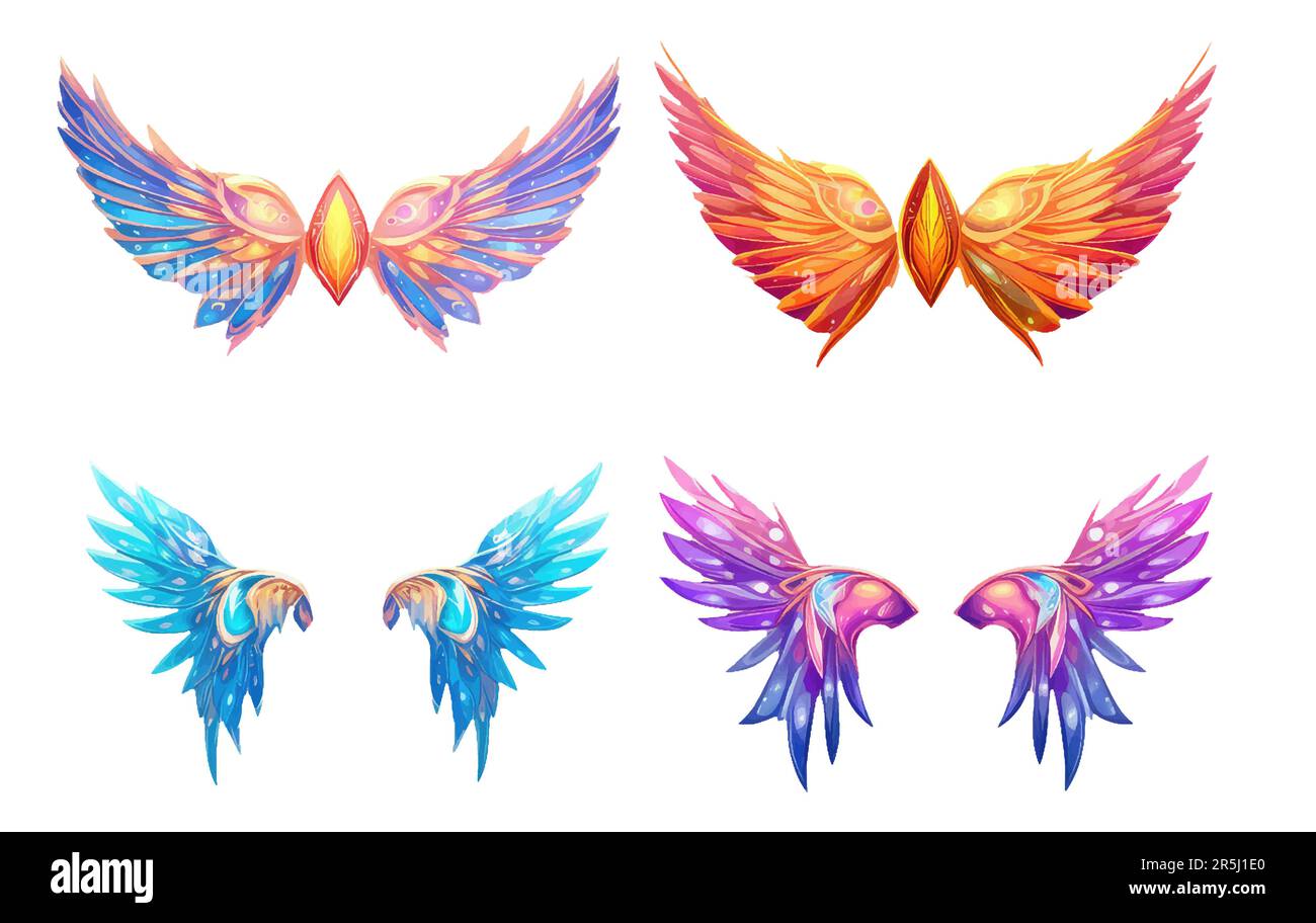 set vector illustration of magic colorful wings isolated on white background Stock Vector