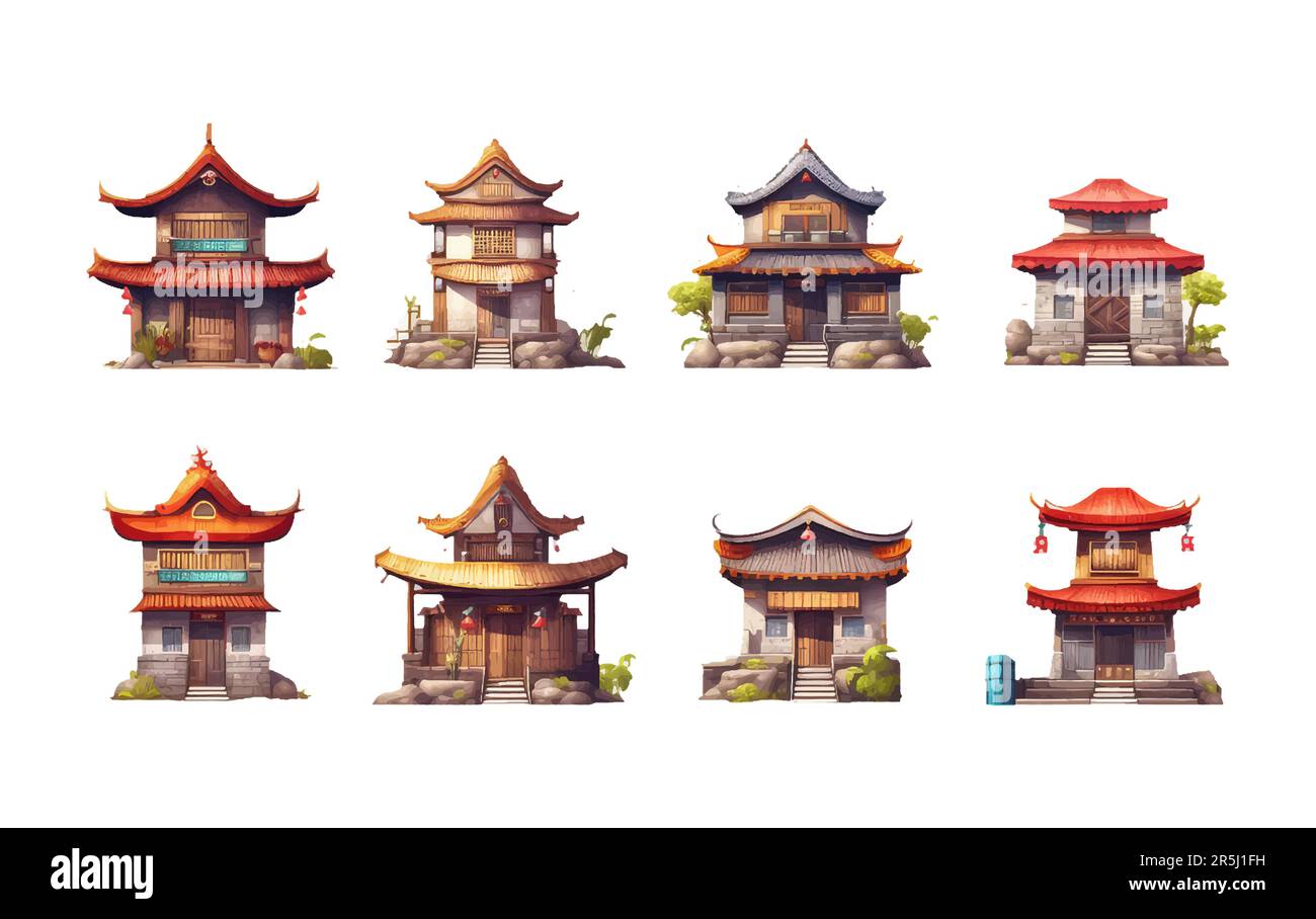 ui set vector illustration of japanese house city exterior isolate on white background Stock Vector