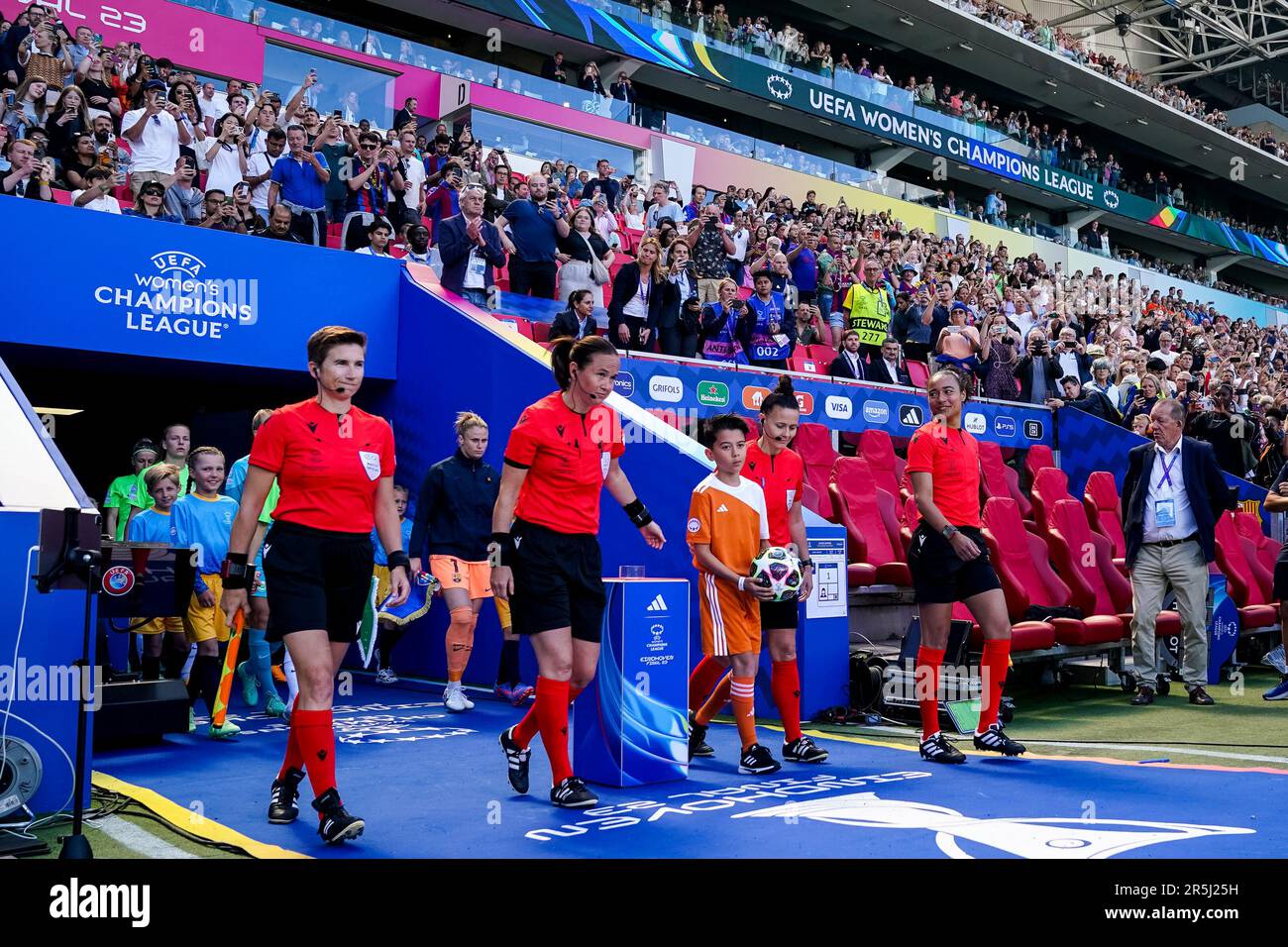 Eindhoven, Netherlands. 03rd June, 2023. EINDHOVEN, NETHERLANDS - JUNE 3: Assistant Referee Michelle O'Neill, Referee Cheryl Foster, Fourth Official Rebecca Welch and Assistant Referee Franca Overtoom walk out prior to the UEFA Women's Champions League Final match between FC Barcelona and VfL Wolfsburg at the PSV Stadion on June 3, 2023 in Eindhoven, Netherlands (Photo by Andre Weening/Orange Pictures) Credit: Orange Pics BV/Alamy Live News Stock Photo