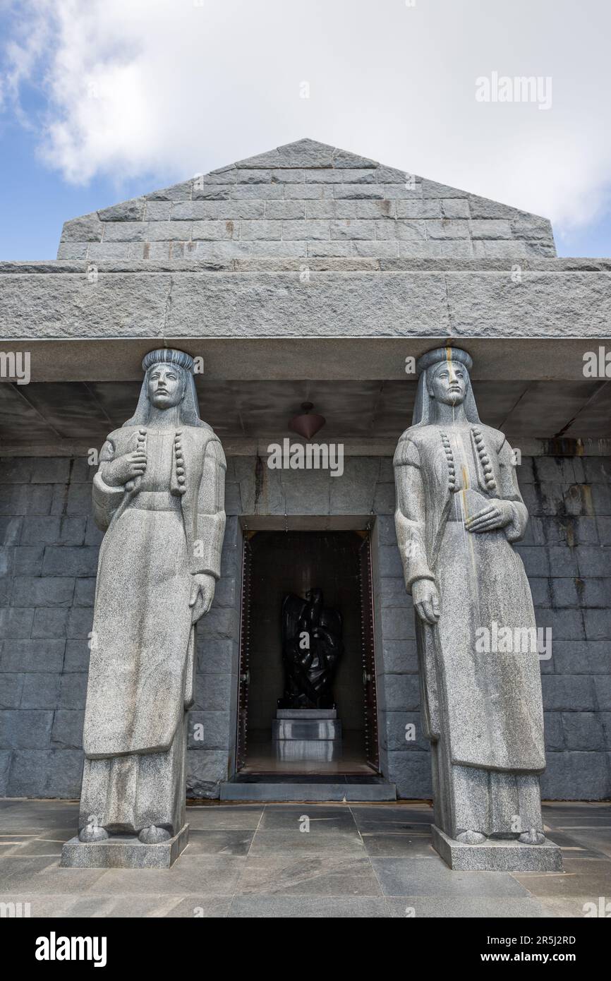 Two Caryatids guarding the Mausoleum of Petar II Petrovic-Njegos on Mount Lovcen in Montenegro seen in May 2023. Stock Photo