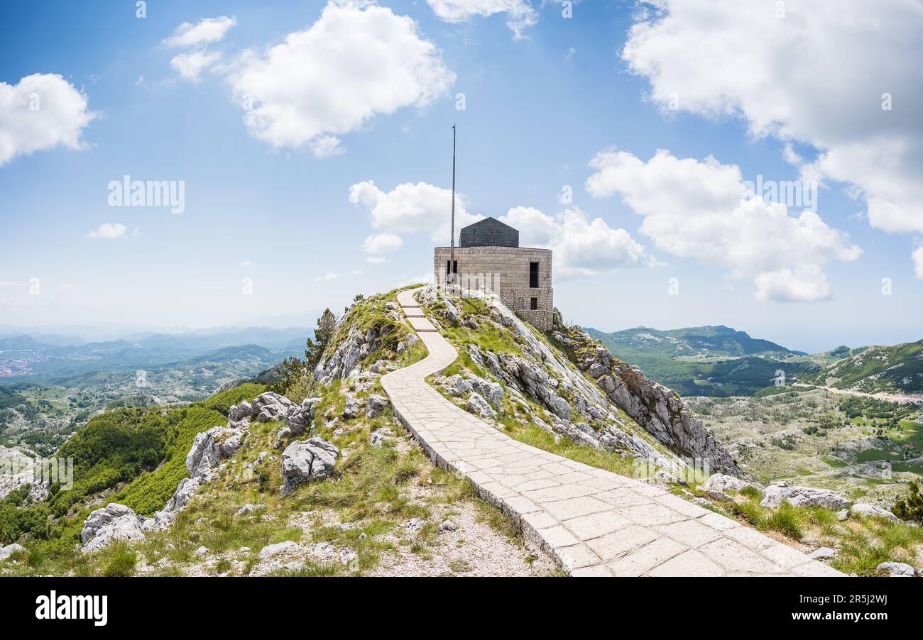 Pathway back to the Mausoleum of Petar II Petrovic-Njegos pictured from the lookout point on Mount Lovcen in Montenegro in May 2023. Stock Photo