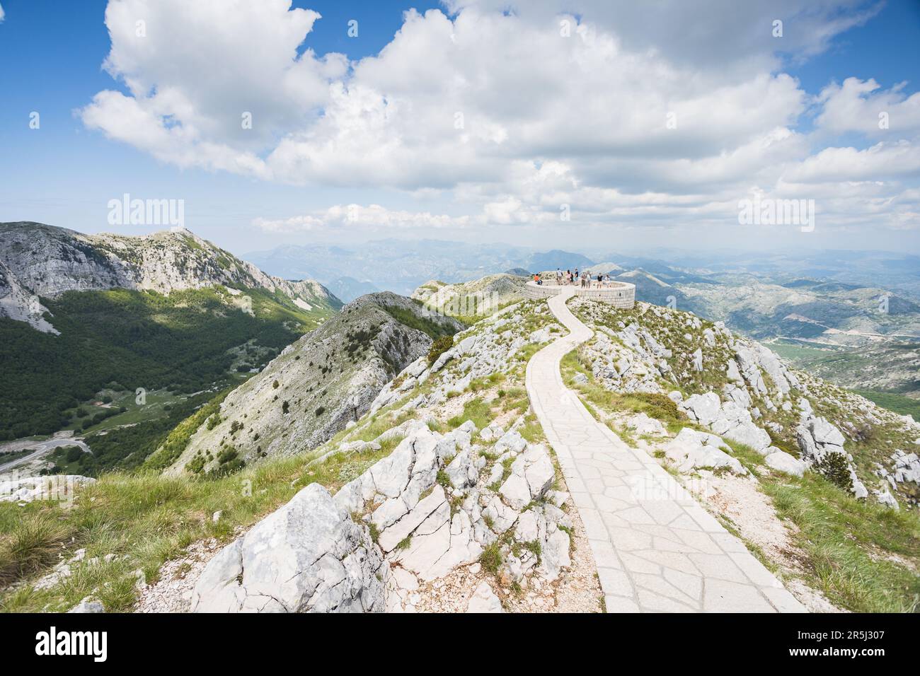 Winding path to the viewing platform of the Petar II Petrovic-Njegos Mausoleum in Lovcen National Park, Montenegro in May 2023. Stock Photo