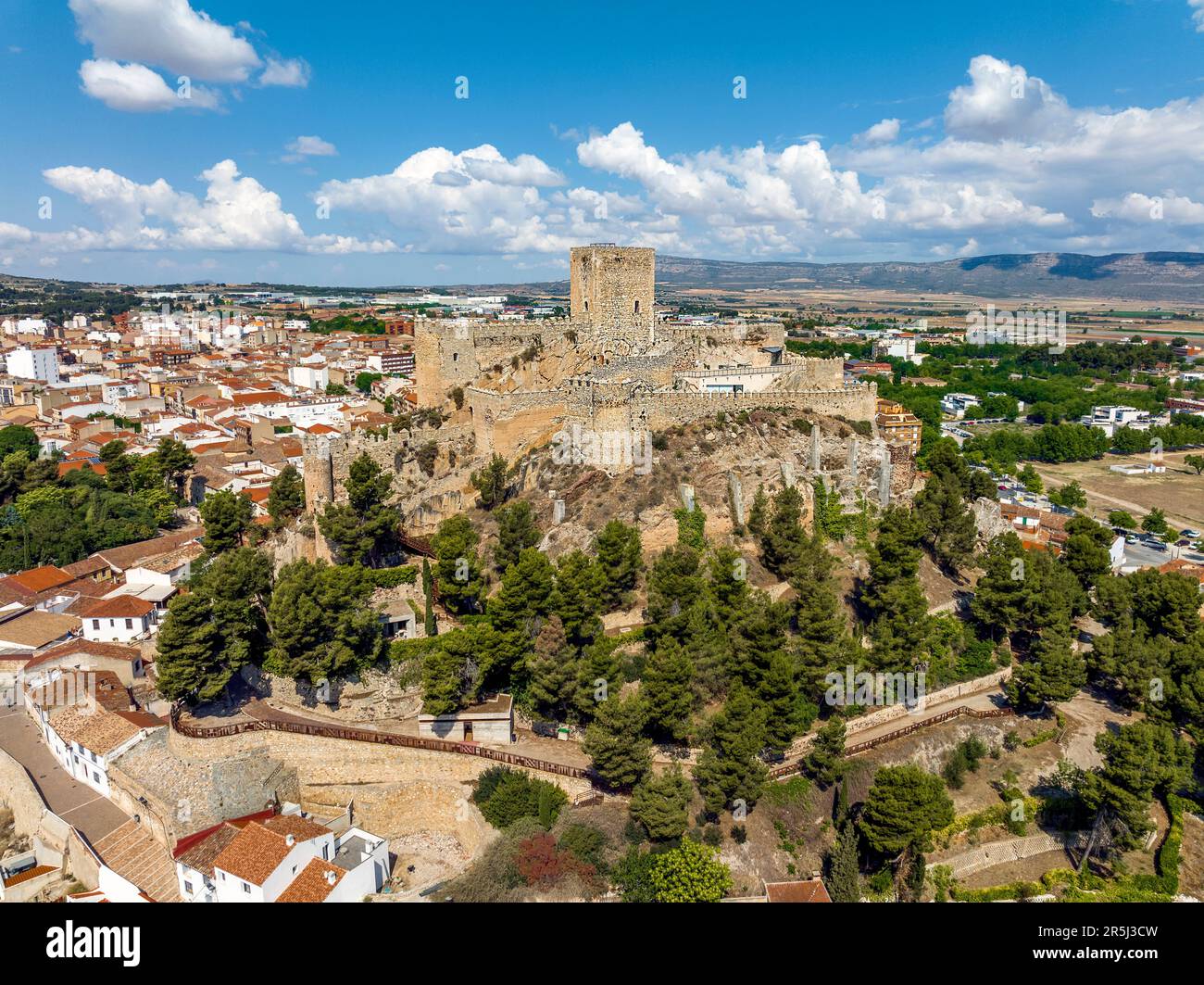 Panoramic aerial view of the city of Almansa in the province of Albacete Castilla la Mancha, Spain Stock Photo